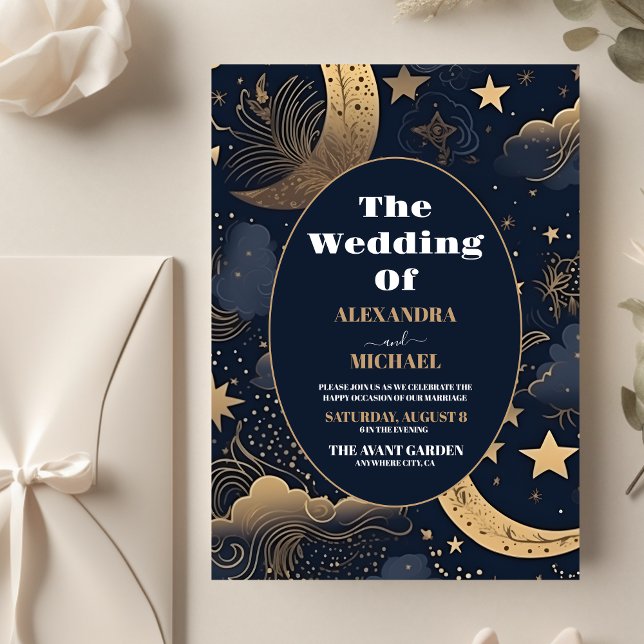 Budget Mitternacht Blue Gold Celestial Wedding Flyer (Von Creator hochgeladen)