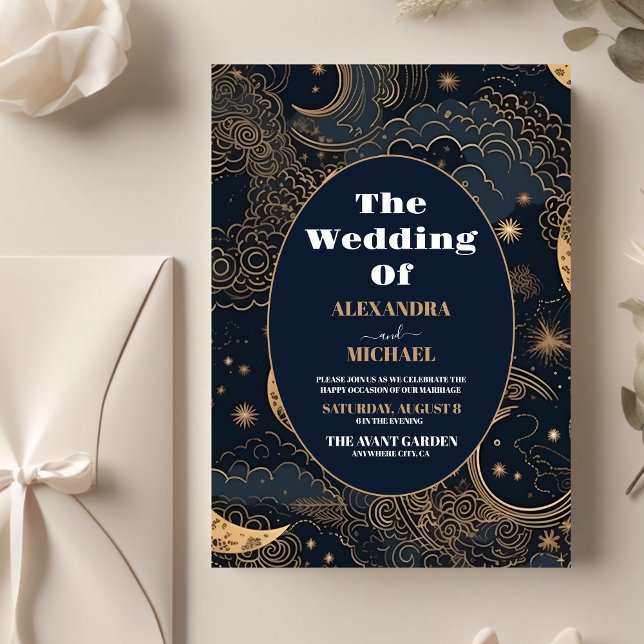 Budget Mitternacht Blue Gold Celestial Wedding Flyer (Von Creator hochgeladen)