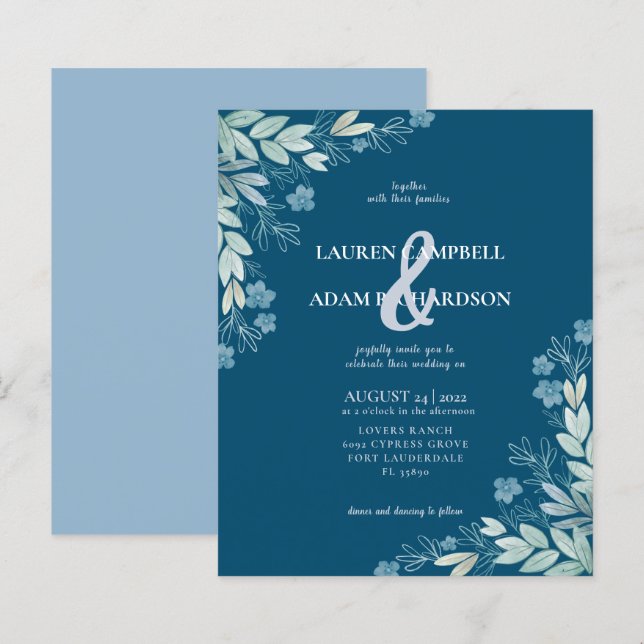 Budget Modern Blue Foliage Hochzeit Einladung (Vorne/Hinten)