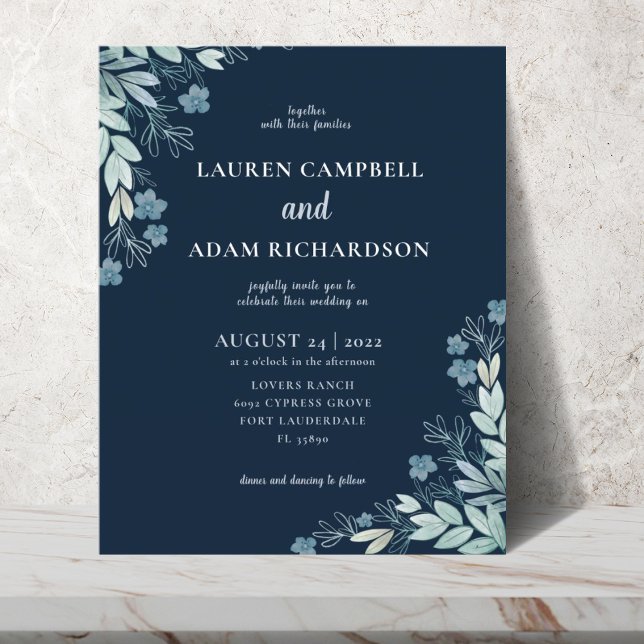 Budget Modern Blue Foliage Hochzeit Einladung (Von Creator hochgeladen)