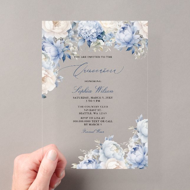 Budget Modern Dusty Blue Floral Quinceañera Acryleinladungen (Insitu (Handheld))