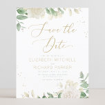 Budget Modern Elegant Floral Wedding Save The Date<br><div class="desc">An elegant floral wedding Save the date card featuring white watercolor peonies and roses with greenery and modern delicate handwritten calligraphy.</div>