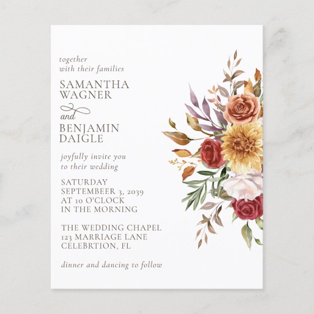 Budget Modern Fall Floral Wedding Einladung (Vorderseite)