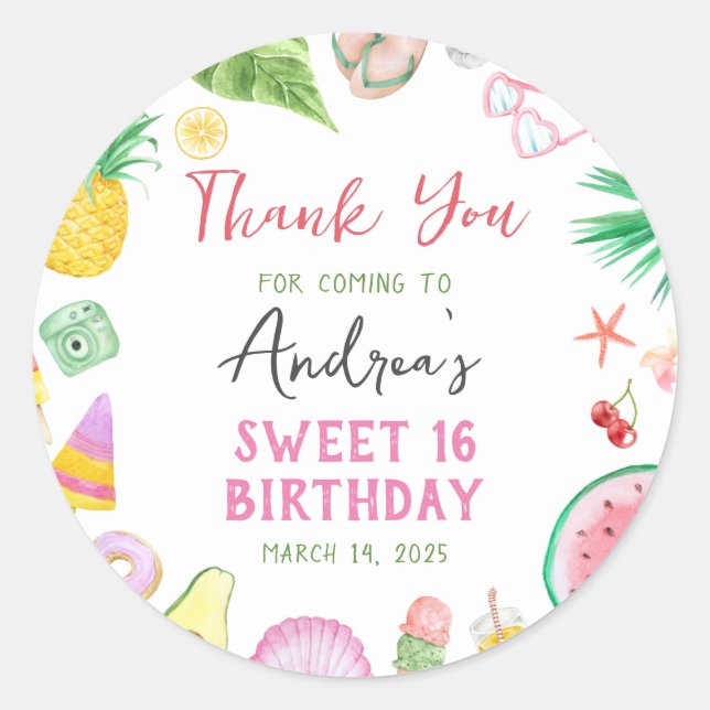 Budget Modern Pool Party Summer Sweet 16 Danke Runder Aufkleber (Vorderseite)