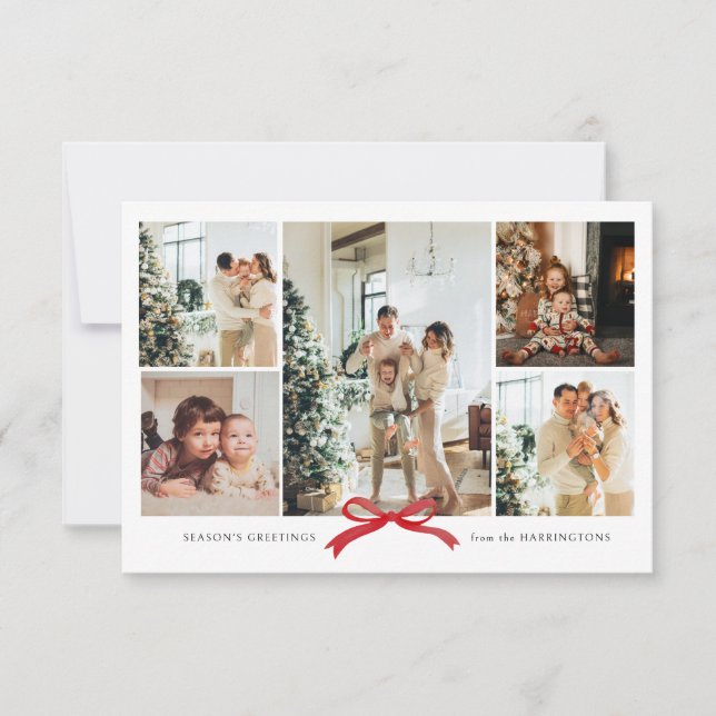 BUDGET Modern Red Bow Foto Collage Holiday Card Mitteilungskarte (Vorderseite)