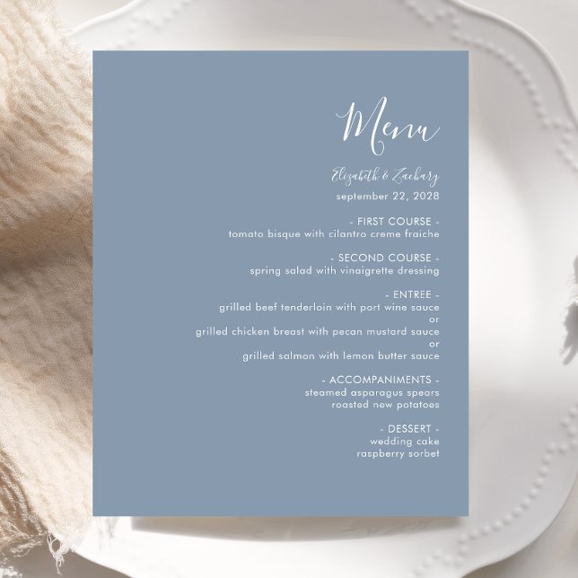 Budget Modern Script Dusty Blue Wedding Menu (Von Creator hochgeladen)