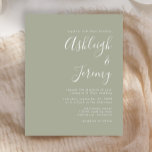 Budget Modern Script Sage Green Wedding Einladung<br><div class="desc">Diese einfache,  moderne Hochzeitseinladung mit weißem Text auf einem schlauen grünen Hintergrund. Fügen Sie die Namen der Braut und Bräutigam in stilvoller Handschrift Kalligraphie und die Details in sans serif Schriftart. Die Rückseite ist ein passender Schatten von massivem Salbei grün.</div>