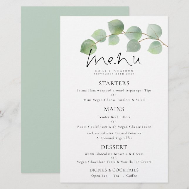 Budget Modern Watercolor Eukalyptus Wedding Menu (Vorne/Hinten)