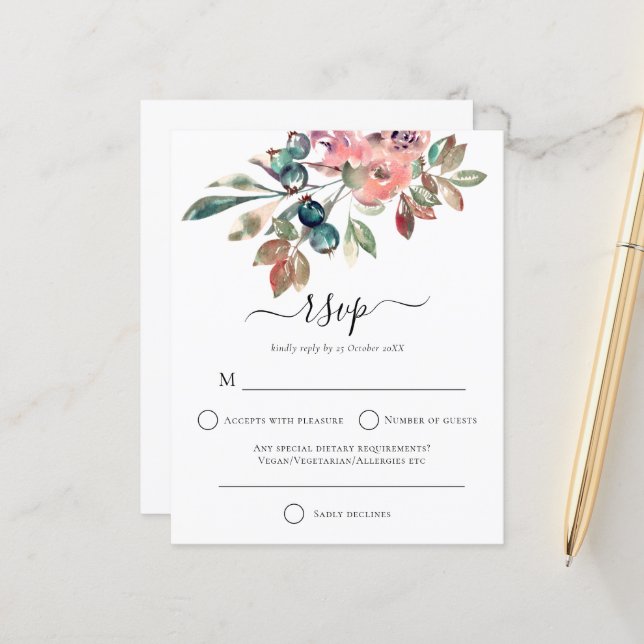 Budget Modern Watercolor Pink Florals Wedding RSVP (Vorderseite/Rückseite Beispiel)