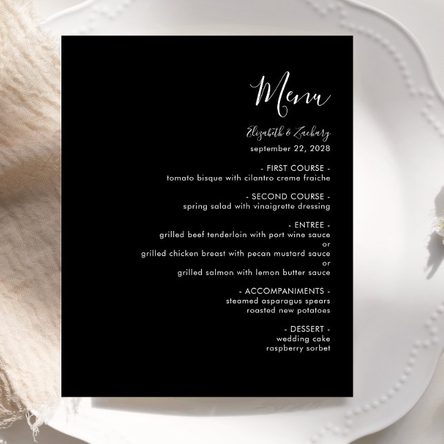 Budget Modern White Script Black Wedding Menu (Von Creator hochgeladen)