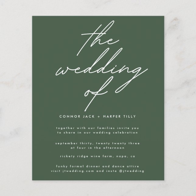 Budget Moderne dunkelgrüne Weiß die Hochzeit einla Flyer (Vorne)