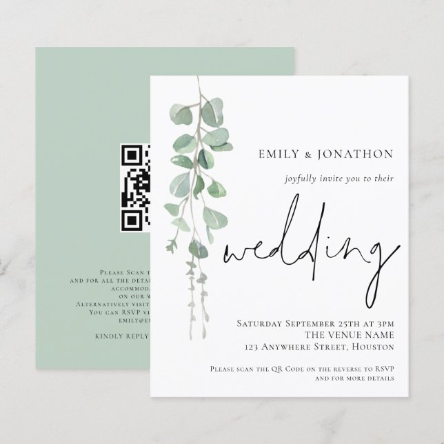 Budget Moderne Eukalyptus QR Code Wedite Einladung (Vorne/Hinten)