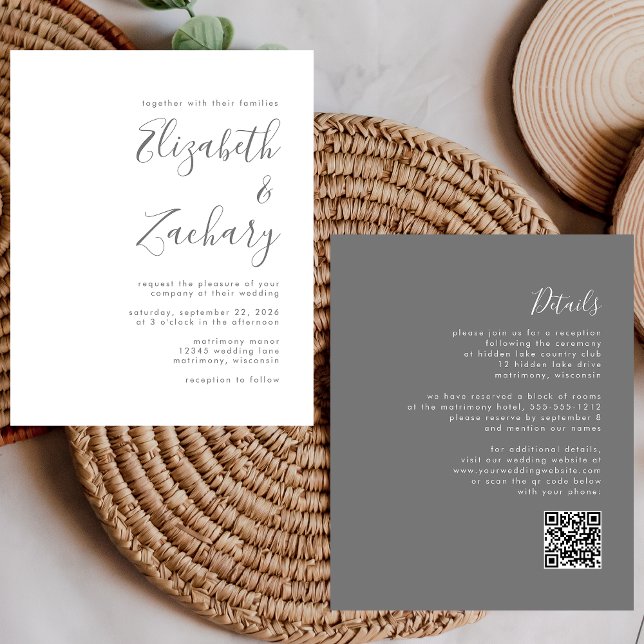 Budget Moderne graue Script QR Code Hochzeit einla (Von Creator hochgeladen)
