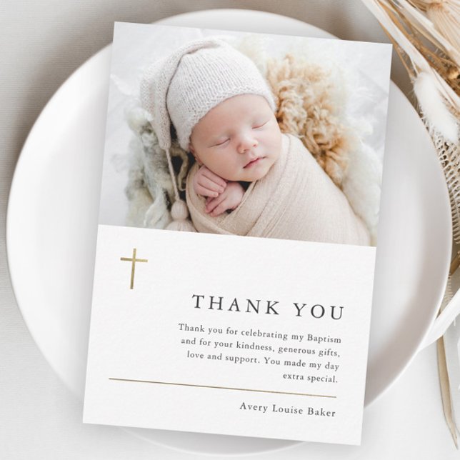 Budget Moderne Minimal Foto Taufe Danke Karte (Modern gold cross baby photo budget baptism thank you.)
