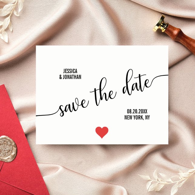 Budget Moderne RED Heart Wedding SPAREN DAS DATUM Ankündigungspostkarte (Von Creator hochgeladen)