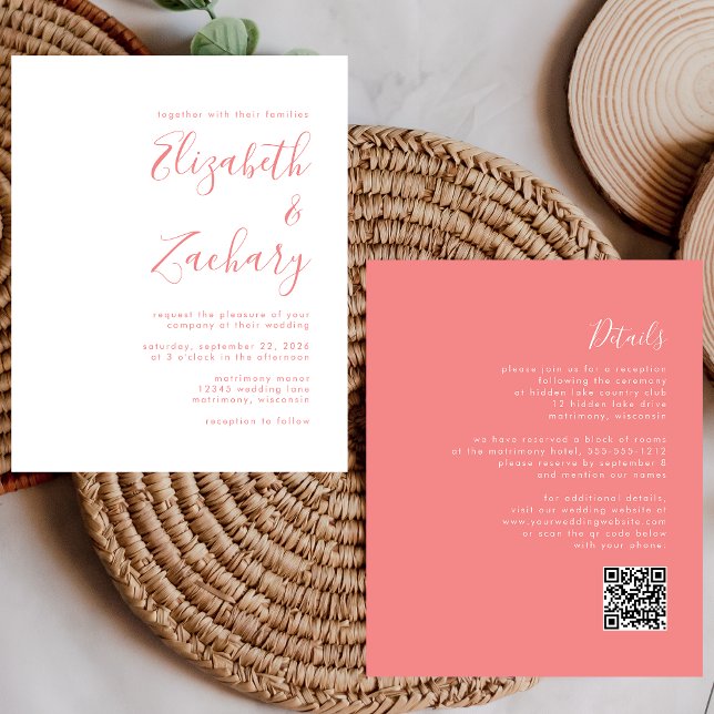 Budget Moderne Script Coral QR Code Hochzeit einla (Von Creator hochgeladen)