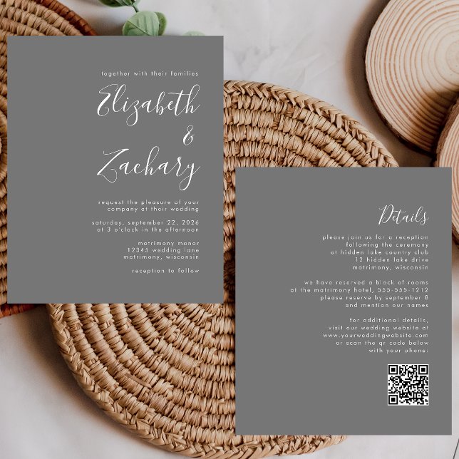 Budget Moderne Script Graue QR Code Hochzeit Einla (Von Creator hochgeladen)