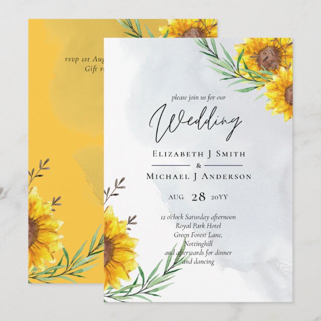 BUDGET Moderne Tournesol Jaune Mariage Invitation (Devant / Derrière)