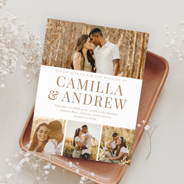 Budget Modernes 4 Foto Elegantes Hochzeitsempfang (Modern Typography Budget Photo Wedding Invitations.)