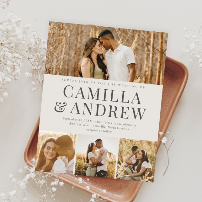 Budget Modernes 4 Foto Elegantes Hochzeitsempfang (Modern Typography Budget Photo Wedding Invitations.)