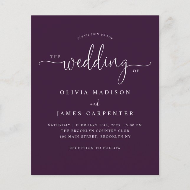 Budget Modernes Lila Violet Foto Hochzeit Einladun (Vorderseite)