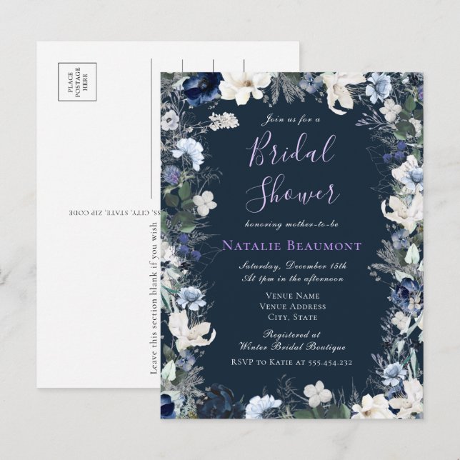 Budget Modernes Navy Blue Floral Brautparty Einladungspostkarte (Vorne/Hinten)
