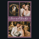 Budget Modernes Script Foto Hochzeit Danke Karte<br><div class="desc">Budget, modern, elegant, handschriftlich 3 Foto Collage Mauve Hochzeit Dankeschön Karte. Minimalistische Hochzeit Dankeschön Kartenvorlage mit drei (3) Foto auf der Vorderseite und (1) ein Foto auf der Rückseite. Mit dem Text "Liebe und Dank"-Skript in einer kursiven Hand gezeichnet Kalligraphie Swash-Schwanz Schriftart in Weiß auf Lila oder staubigen Pflaume lila...</div>