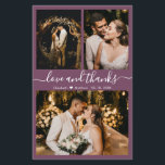 Budget Modernes Script Foto Hochzeit Danke Karte<br><div class="desc">Budget, modern, elegant, handschriftlich 3 Foto Collage Mauve Hochzeit Dankeschön Karte. Minimalistische Hochzeit Dankeschön Kartenvorlage mit drei (3) Foto auf der Vorderseite und (1) ein Foto auf der Rückseite. Mit dem Text "Liebe und Dank"-Skript in einer kursiven Hand gezeichnet Kalligraphie Swash-Schwanz Schriftart in Weiß auf Lila oder staubigen Pflaume lila...</div>