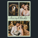 Budget Modernes Script Foto Hochzeit Danke Karte<br><div class="desc">Budget, modern, elegant, handschriftlich 3 Foto Collage Wedding danke Karte. Minimalistische Hochzeit Dankeschön Kartenvorlage mit drei (3) Foto auf der Vorderseite und (1) ein Foto auf der Rückseite. Mit dem Text "Liebe und Dank"-Skript in einer kursiven Hand gezeichnet Kalligraphie Swash-Schwanz Schriftart in schwarz auf sage grün, oder staubige Weise grün...</div>