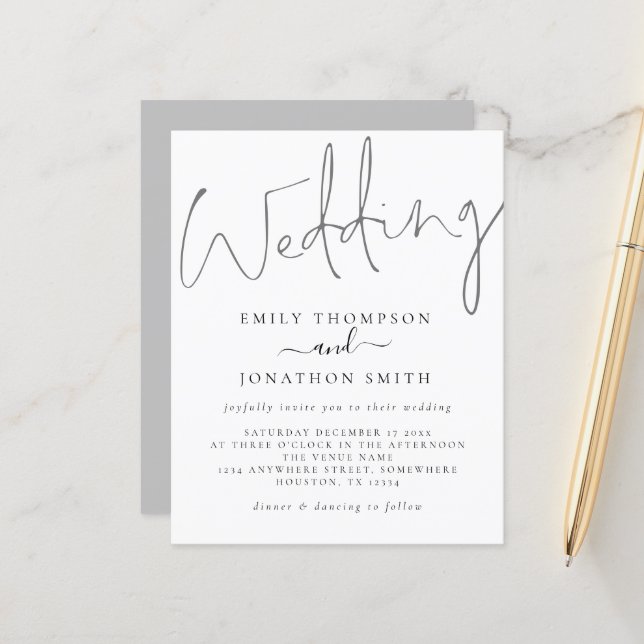 Budget Modernes Skript White Gray Hochzeit Einladu (Vorderseite/Rückseite Beispiel)