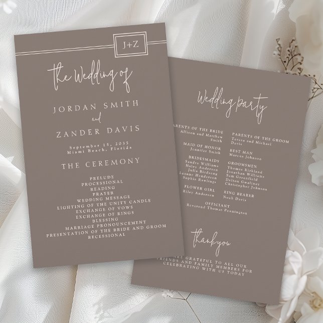 Budget Modernes Taupe Monogram Wedding Programm Flyer (Von Creator hochgeladen)