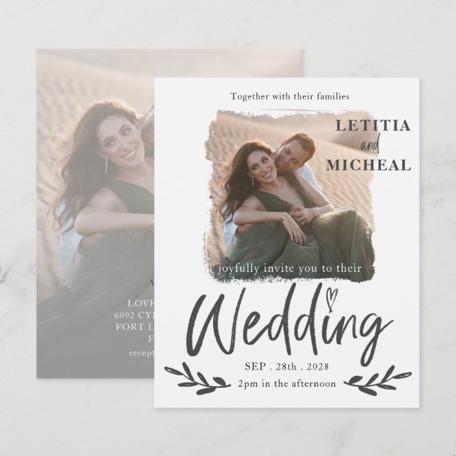 Budget Modernes White Foto Hochzeitseinladung (Vorne/Hinten)