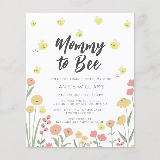 Budget Mommy to Bee Baby Shower Einladung (Vorderseite)