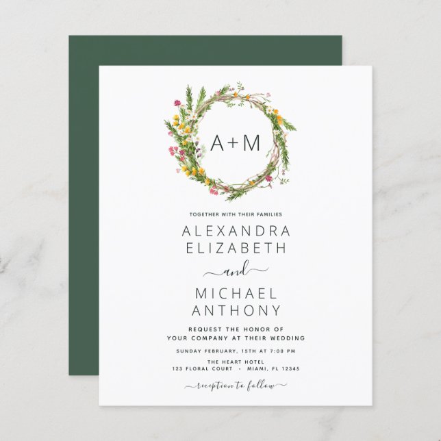 Budget Monogram Wildblumen Emerald Green Wedding (Vorne/Hinten)