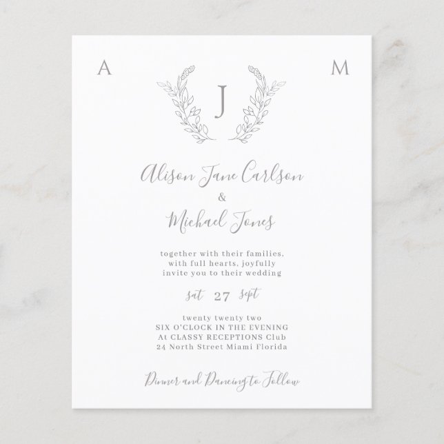 Budget monogramm elegante Blätter Hochzeitseinladu Flyer (Vorne)