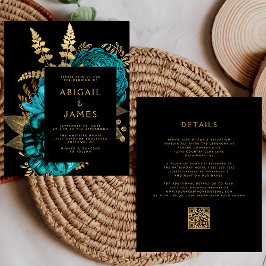 Budget Moody Floral Turquoise Gold QR Code Hochzei
