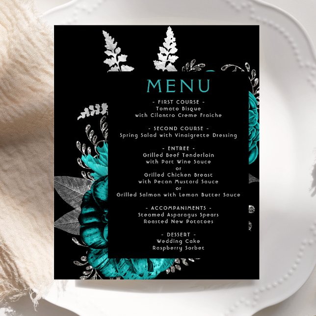 Budget Moody Floral Turquoise Silver Menu Mariage (Créateur téléchargé)