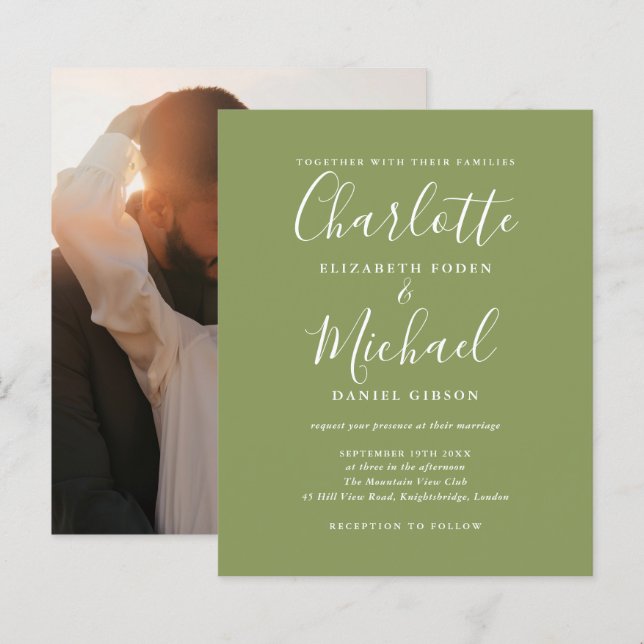 Budget Moss Green Foto Hochzeit Einladung (Vorne/Hinten)