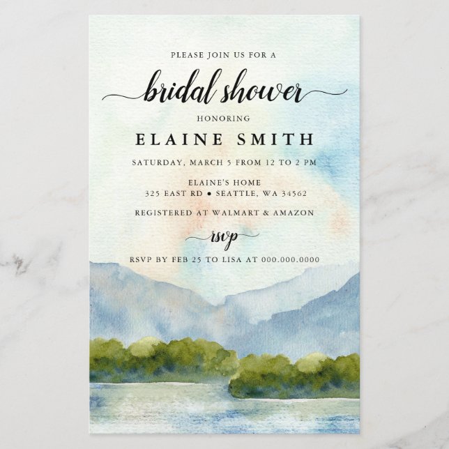 Budget Mountains Lake Bridal Dusche Einladung (Vorderseite)