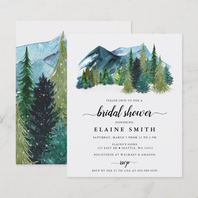 Budget Mountains Pine Bridal Dusche Einladung (Vorne/Hinten)