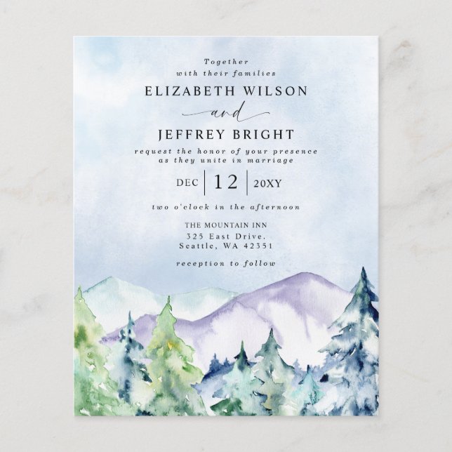 Budget Mountains Pine Wedding Einladungen (Vorderseite)