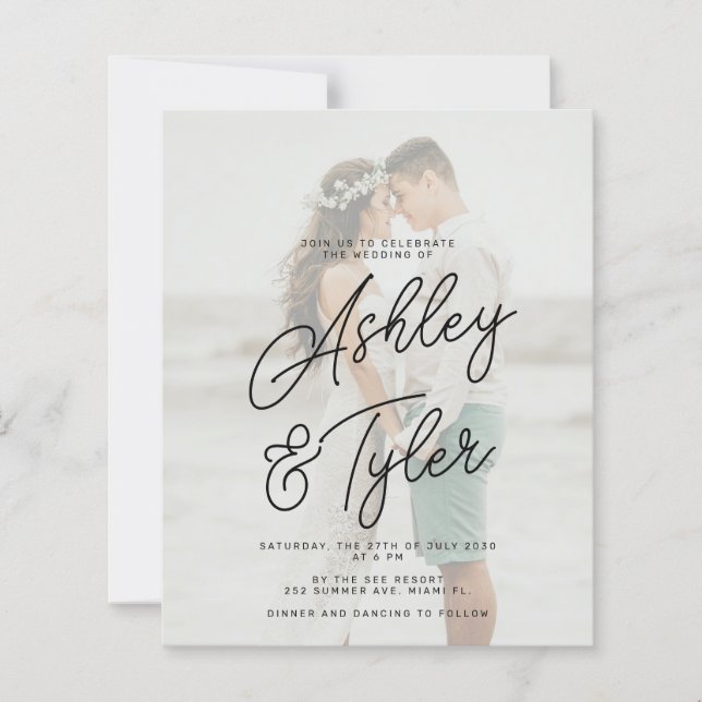 Budget names script overlay photo wedding invite (Vorderseite)