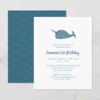 Budget Narwhal Ocean Blue 1. Geburtstag Einladung