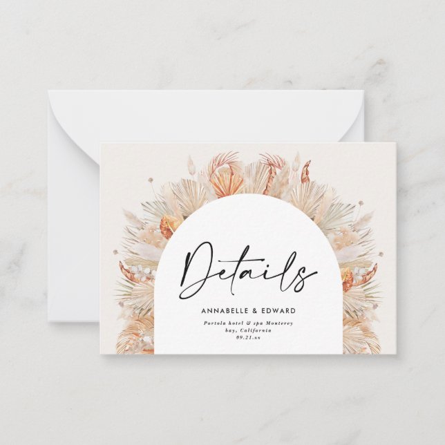 Budget Natural botanical pampas Hochzeit Details Mitteilungskarte (Vorderseite)