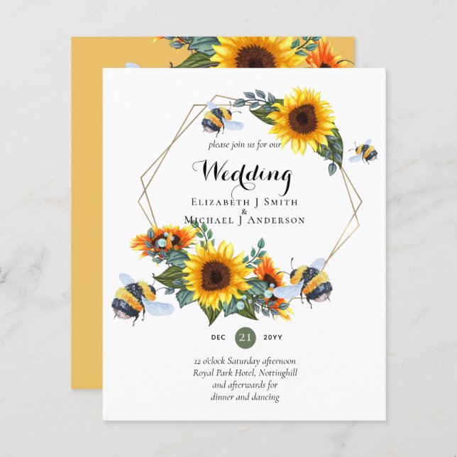 BUDGET Nature Boho Bees Sunflowers Wedding INVITE (Vorne/Hinten)