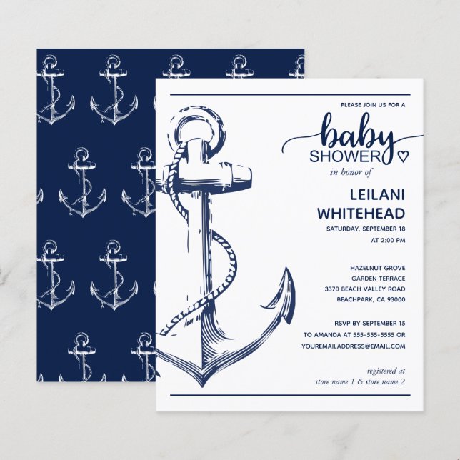 Budget Nautical Anchor Baby Boy Dusche Einladung (Vorne/Hinten)