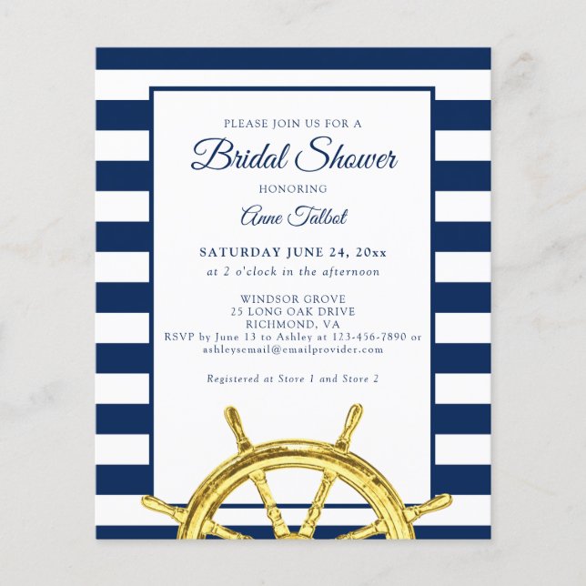 Budget Nautical Navy Gold Bridal Dusche Einladung (Vorderseite)