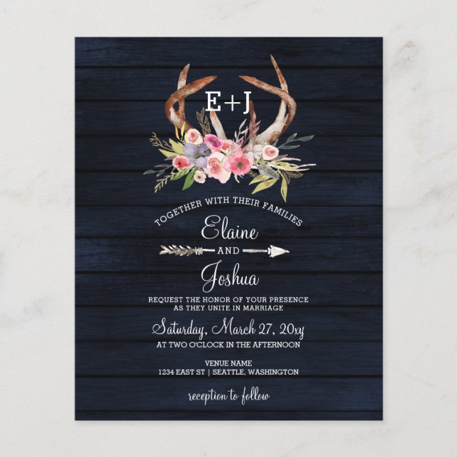 Budget Navy Antlers Country Hochzeitseinladung (Vorderseite)