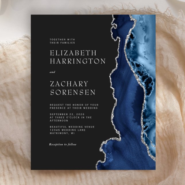 Budget Navy Blue Agate Silver Wedding Einladung (Von Creator hochgeladen)