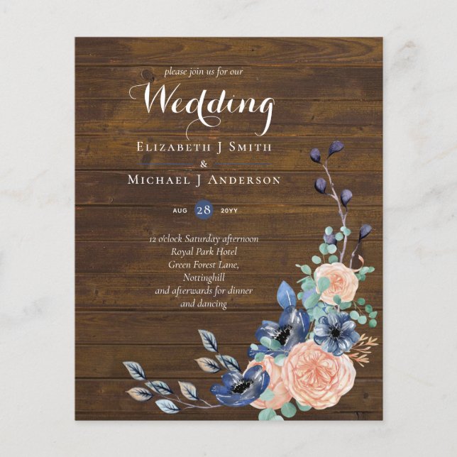 Budget Navy Blue and Coral Wedding Woodland Flyer (Vorne)